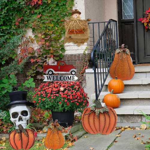 Vista 4 de Cartel de bienvenida intercambiable de metal rojo para camioneta, con carga con calabaza, árbol de Navidad, decoración de temporada de jardín