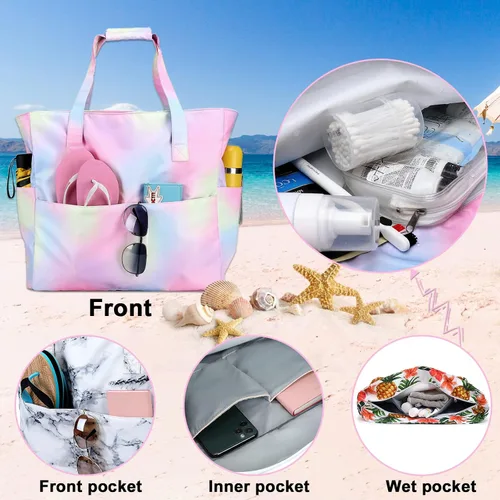 Vista 3 de Bolsa de playa y piscina para mujer, grande, bolsa de gimnasio con compartimento húmedo para viajes, impermeable