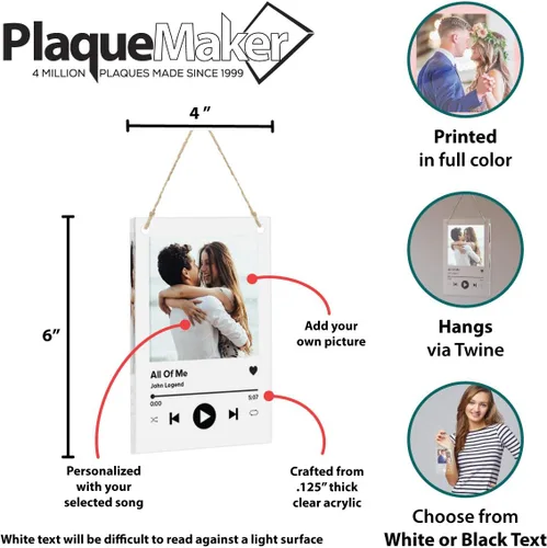 Vista 5 de PlaqueMaker Portada personalizada de acrílico transparente para álbum de música Spotify con foto y canción personalizadas (6 x 4 cuelgan con cordel)
