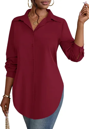 Vista 40 de Rooscier Blusa larga con cuello en V para mujer, manga larga, abertura lateral, con botones