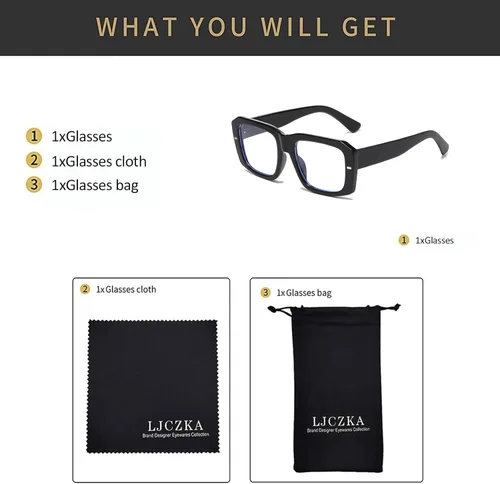 Vista 6 de LJCZKA Gafas rectangulares con bloqueo de luz azul para mujeres y hombres, de gran tamaño, marco grueso, anteojos cuadrados para computadora