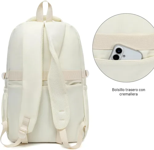 Vista 6 de Phaoullzon Mochila escolar para niñas adolescentes para niños, mochila estética universitaria para laptop para mujeres, Beige, Grande