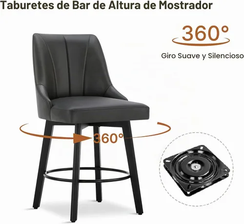 Vista 3 de KISLOT Juego de 2 taburetes giratorios de bar, altura de mostrador de 24 Piel sintética negra
