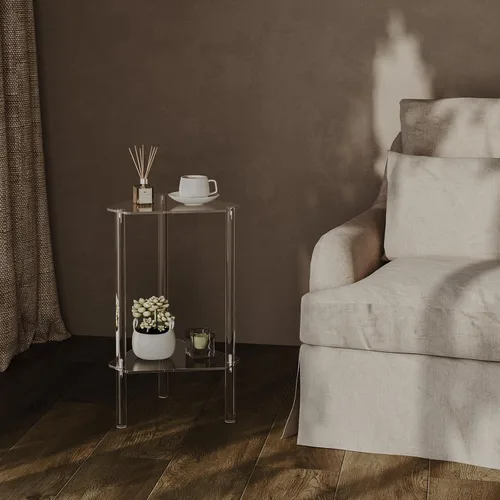 Vista 2 de HMYHUM Mesa auxiliar triangular de acrílico transparente, mesa auxiliar de esquina para espacios pequeños, mesa decorativa pequeña para sala