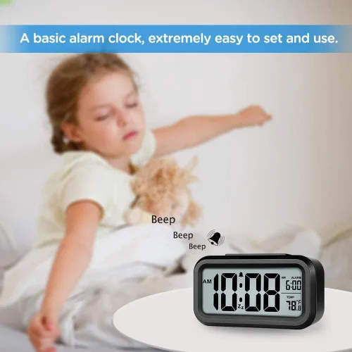 Vista 3 de Lesipee Reloj despertador digital, reloj para dormitorio, reloj de escritorio, funciona con pilas, reloj digital con luz nocturna inteligente