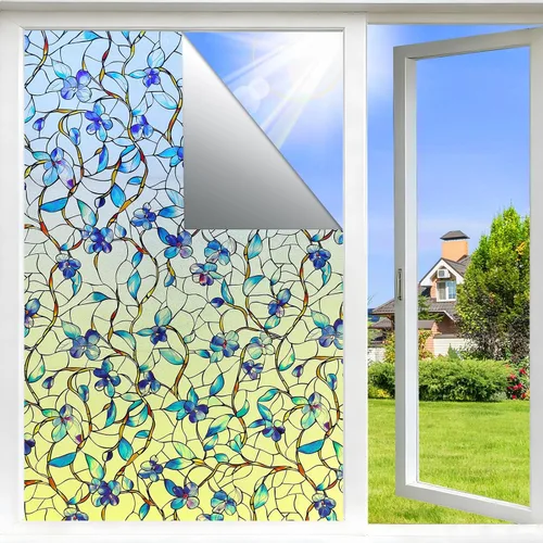 Vista 10 de SOMWISE Película de privacidad para ventana con herramientas, privacidad diurna y nocturna, decoración de vitrales de adherencia estática, tinte