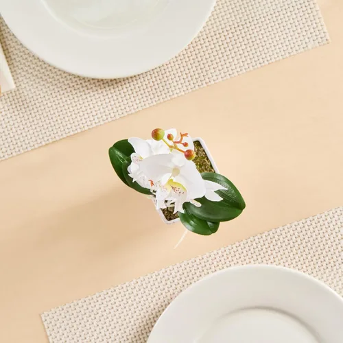 Vista 8 de Restaurantware - Orquídeas artificiales de 4 x 14 pulgadas, 12 orquídeas falsas en maceta, 5 flores, uso como centro de mesa, decoración del hogar u