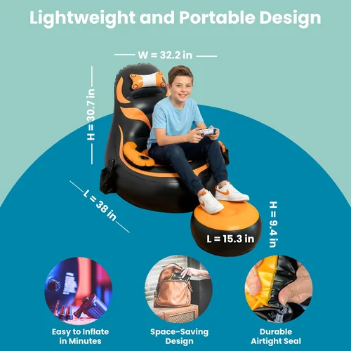 Vista 2 de Silla inflable para juegos para niños, soporta hasta 300 libras, incluye bomba de aire, soporte para tazas, 2 bolsillos, asiento de puf duradero