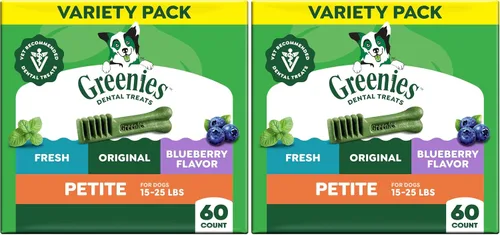 Vista 17 de Greenies Golosinas dentales naturales para perros adultos recomendadas por veterinarios, tamaño pequeño, sabor arándano, paquete de 12 onzas, 20