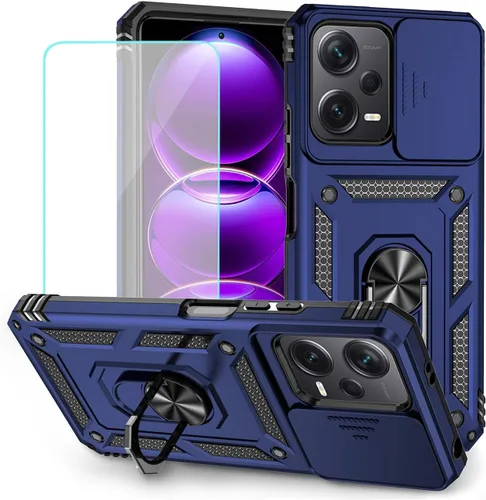 Vista 9 de Funda para Redmi Note 12 5G, Poco X5 5G 22111317PG Funda con protector de pantalla de vidrio templado y cubierta de cámara deslizante, soporte