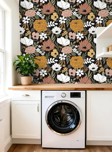 Vista 6 de HAOKHOME Papel pintado vintage grande floral de despegar y pegar, extraíble, hojas de margarita, negro/arena/oliva, vinilo autoadhesivo, mural, 17.7