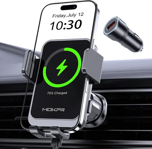 Vista 5 de Cargador de Coche Inalámbrico, MOKPR Carga Rápida de 15W con Abrazadera Automática para Ranura de Ventilación Soporte de Teléfono para Coche con Luz