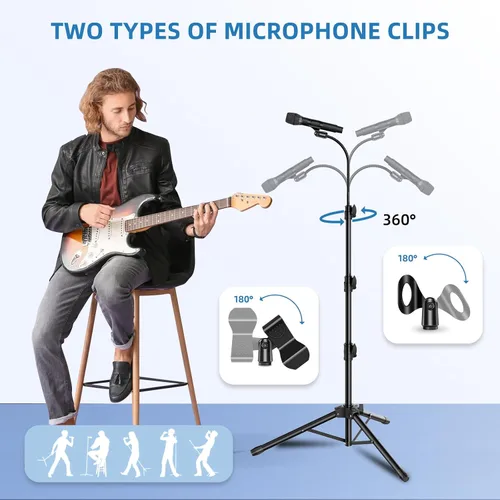 Vista 3 de Paquete de 2 Soportes de Micrófono con Brazo Articulado de Cuello de Cisne para Cantar, Altura Ajustable de 24" a 67" con 2 Clips de Micrófono