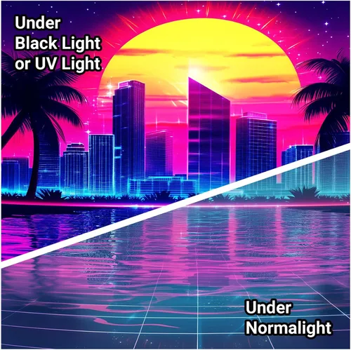 Vista 4 de Zpryzmia Blacklight Retro Synthwave Tapestry, UV Reactive Neon Punk City Tapestries Wall Hanging Black Lights Posters Starry Sky Sun Palm Trees