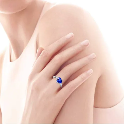 Vista 5 de BONLAVIE Anillo de compromiso de plata de ley 925 para mujer, 2.25 quilates, creado con zafiro azul, talla esmeralda verde, anillo de compromiso