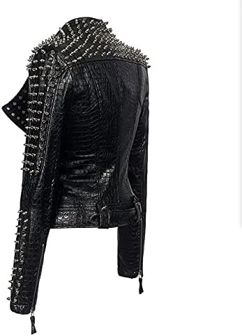 Vista 3 de ZJX Chaqueta de motocicleta clásica con personalidad de Spike para mujer, chaqueta de cuero sexy de lujo (S, negro), Negro