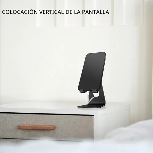 Vista 6 de Soporte plegable negro para teléfono celular de aleación de aluminio, soporte de teléfono de metal de mesa con ángulo ajustable por eje giratorio