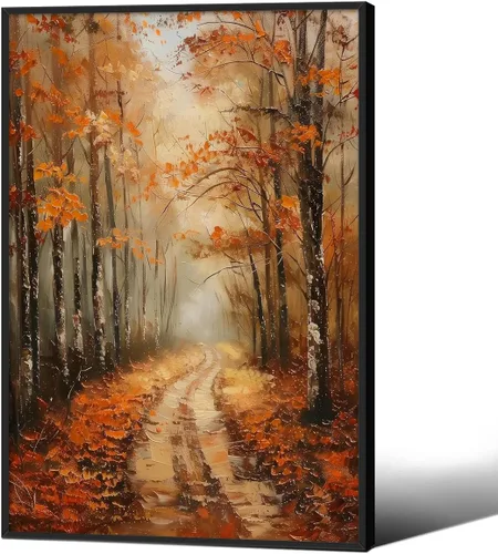 Vista 22 de Póster de paisaje campestre y lago, arte de pared de paisaje de naturaleza otoñal, 08 x 10 pulgadas, marco negro, pintura al óleo vintage de otoño