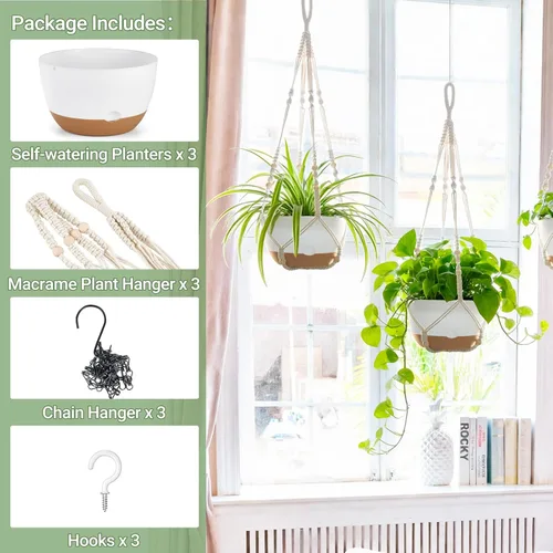 Vista 7 de Mkono Juego de macetas colgantes de 3 a 10 pulgadas para plantas de interior con riego automático, maceta colgante al aire libre con colgadores