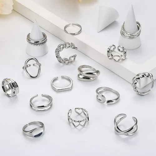 Vista 5 de FIBO STEEL Juego de 16 anillos gruesos de cúpula dorada para mujer, chapados en oro de 18 quilates, trenzados, trenzados, apilables, redondos