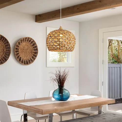 Vista 7 de Luces Colgantes Bohemias, Candelabro de Ratán de 1 Luz de 15.7", Luz Colgante de Mimbre Tejida a Mano con Pantalla de Jacinto de Agua, Luz Colgante