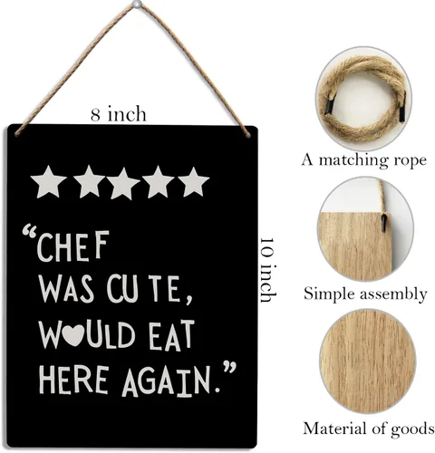 Vista 5 de Letrero colgante de madera con texto en inglés "Chef Was Cute Would Eat Here Again", divertida decoración de pared para comedor, comedor