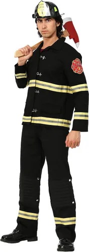 Vista 2 de Disfraz de uniforme de bombero negro para hombre con chaqueta, pantalones y casco