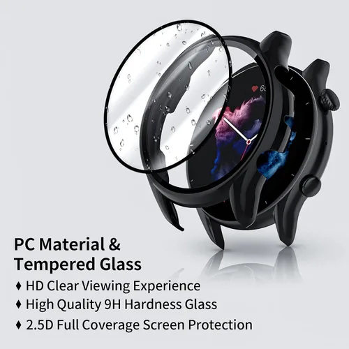 Vista 3 de Funda compatible con Amazfit GTR 3 Pro/GTR 3 Protector de pantalla de vidrio templado, carcasa de policarbonato duro, cubierta completa, carcasa