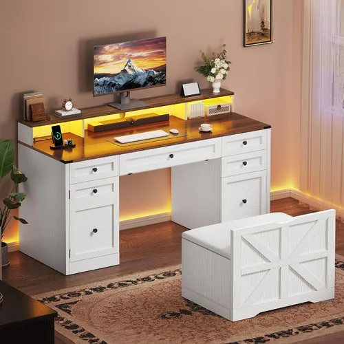 Vista 7 de YITAHOME Conjunto de Escritorio y Taburete para Computadora con 5 Cajones, Escritorio de Oficina con Tomas de Corriente y Luces LED, Escritorio