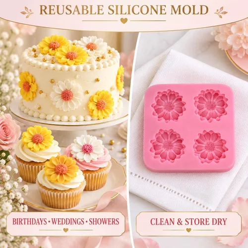 Vista 7 de Juego de moldes de silicona para fondant de 4 piezas con margaritas y rosas