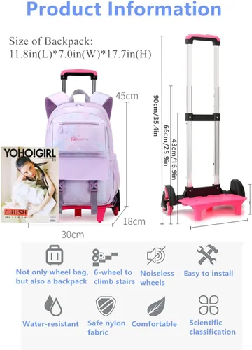 Vista 4 de Mochila con ruedas para niñas capacidad escolar bolsas de primaria con ruedas B-6 ruedas-azul Six Wheels