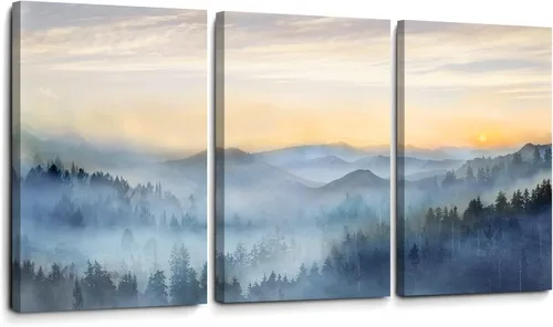 Vista 15 de Decoración de pared para dormitorio, 3 paneles, estampado de bosque brumoso con salida del sol, arte de pared para sala de estar, baño, lienzo