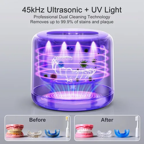 Vista 5 de Máquina limpiadora ultrasónica de retenedores, limpiador de dentaduras impermeable IPX6, 3 modos de limpieza dental con indicador RGB, UV de 45 kHz