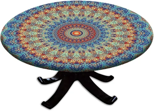 Vista 65 de Mantel redondo ajustable con borde elástico floral azul, mantel con borde elástico de estilo floral pastoral, almohadilla de mesa de poliéster