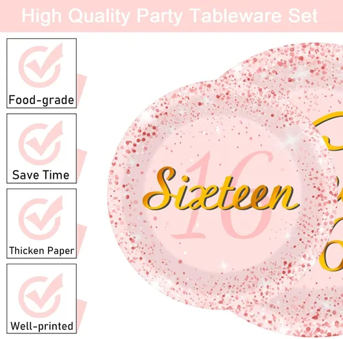 Vista 3 de 96 Piezas Platos y Servilletas de Fiesta de Cumpleaños Sweet 16 Color Oro Rosa Suministros para Fiestas Juego de Vajilla para Fiesta de Dieciséis