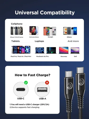 Vista 6 de Aioneus Cable USB C a USB C, paquete de 2 cables tipo C de 3 pies de carga Negro