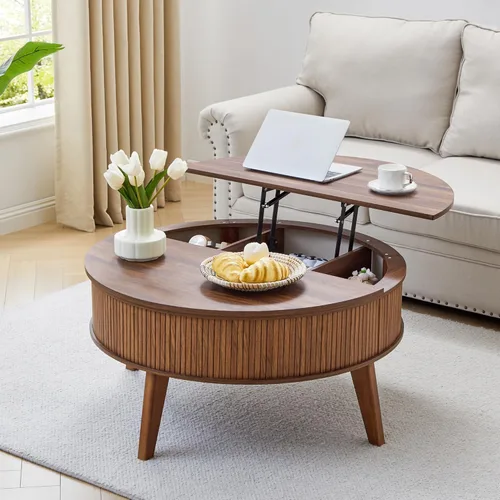 Vista 11 de Mesa de centro con parte superior acanalada totalmente montada con compartimento oculto, mesa central de madera, moderna mesa de elevación ovalada