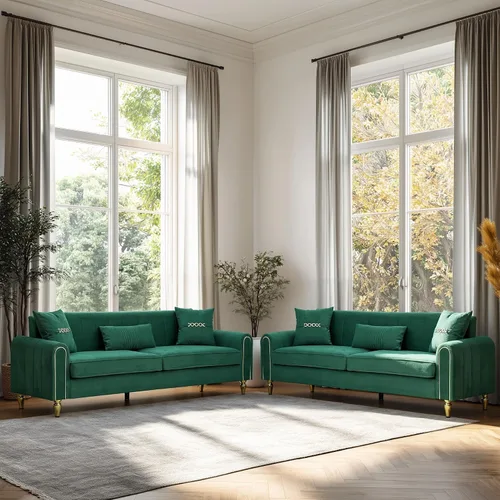 Vista 12 de Sofá de terciopelo de 87.5 pulgadas para sala de estar, moderno sofá de 3 plazas con 3 almohadas suaves, cómodo sofá de dos plazas tapizado de gran