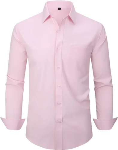 Vista 29 de corfty Camisa de vestir de manga larga para hombre, ajuste regular, elástica, sin arrugas, casual, con botones