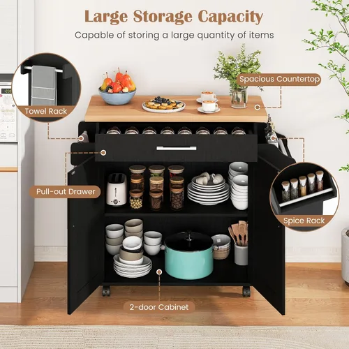 Vista 5 de Giantex Isla de cocina, carrito de cocina rodante con estante para especias y toallero, cajón grande y armario de almacenamiento de 2 puertas
