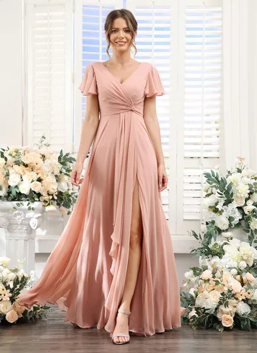 Vista 6 de SYYS Women's V Neck Chiffon Bridesmaid Dresses Long with Slit Ruffled Sleeve Empire Waist Formal Dress with Pockets SF002