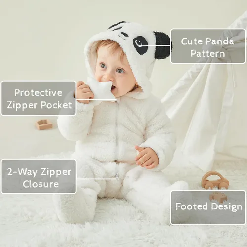 Vista 2 de pureborn Newborn Baby Fleece Footed Jumpsuit Hooded Pramsuit Winter Snowsuit for Infant Boys Girls 0-12 Months