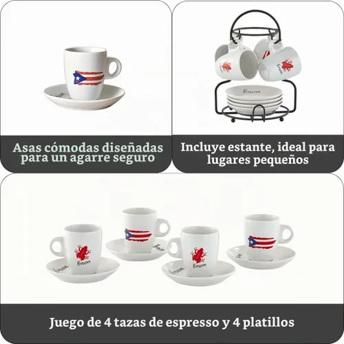 Vista 2 de IMUSA Juego de 8 tazas de espresso Boricua de 3 onzas con platillos y estante