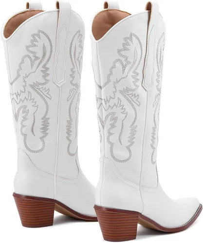 Vista 6 de SYHXYHEG Botas vaqueras bordadas para mujer, botas altas hasta la rodilla vaquera, tacón de bloque medio, botines occidentales para mujer