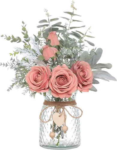 Vista 12 de Rosas artificiales de seda de 14.5 pulgadas con jarrón para decoración del Borgoña