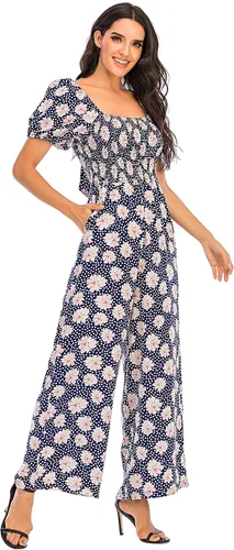 Vista 4 de Jumpsuit de verano con manga de farol floral para mujer cintura alta pantalones de pierna ancha casual holgado fruncido