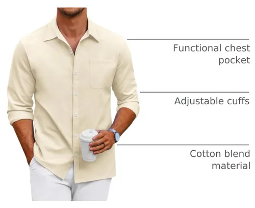 Vista 4 de COOFANDY Camisa Oxford para hombre de manga larga, camisas casuales con botones, ajuste regular Beige