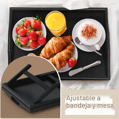 Vista 5 de Paquete de 2 bandejas de cama para mesa de desayuno, bandejas de servir, bandeja de bambú para cama portátil con patas plegables, asas y soportes