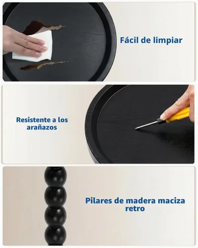 Vista 6 de Mesa auxiliar redonda de madera y mesa para bebidas con pilares de Negro