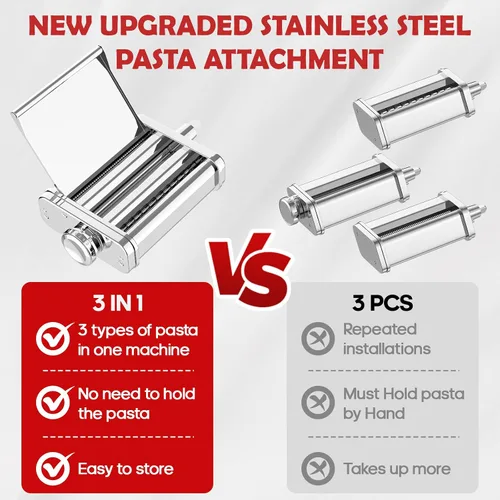 Vista 5 de Accesorio de pasta de acero inoxidable para batidora de pie KitchenAid, máquina de pasta 3 en 1 con rodillo de pasta, cortadores de espaguetis